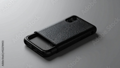 Textured dark phone case, half-open, reveals phone within. Neutral backdrop, subtle lighting