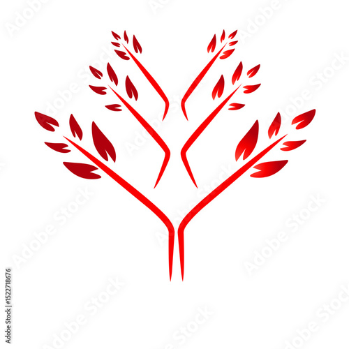 Stylized red arboreal silhouette against a stark black backdrop with gradients