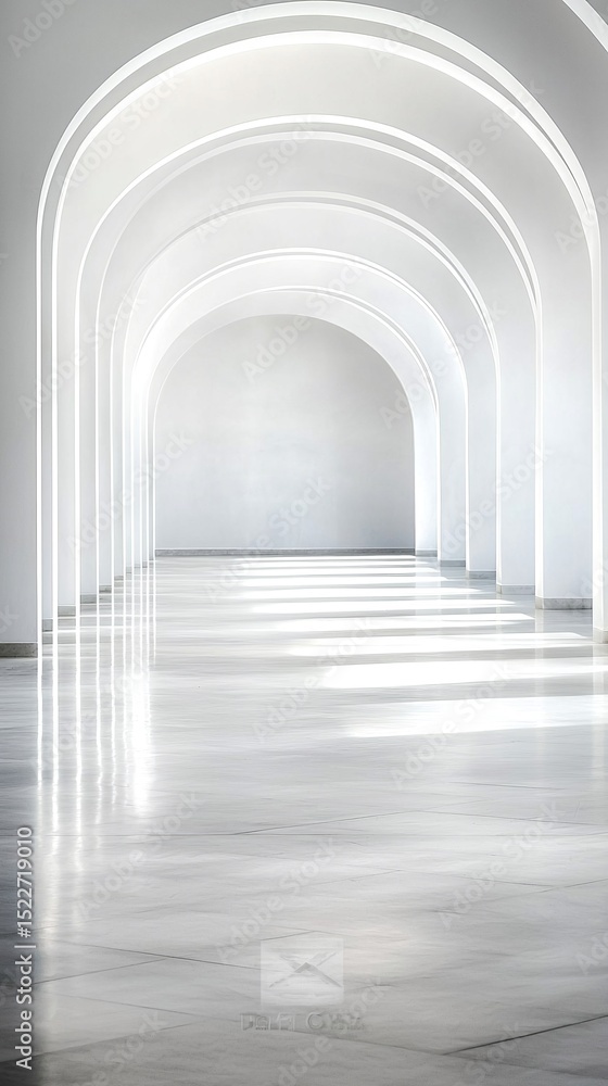 Obraz premium Empty White Hallway with Smooth Curves and Archways