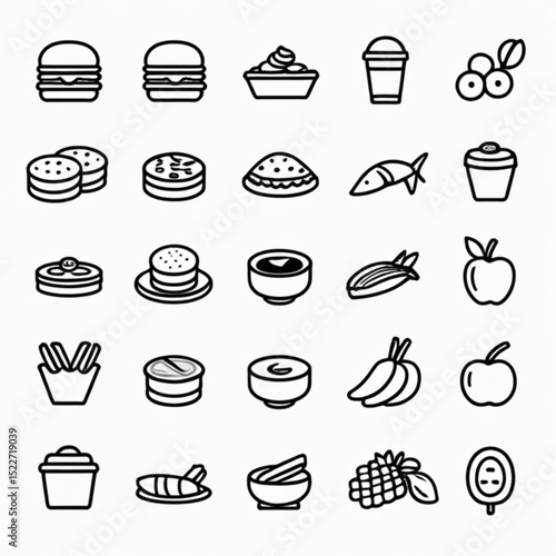 Collection of twenty four food icons including burgers dessert fish and various fruits in black outline created with generated ai
