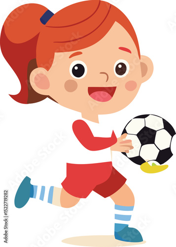 Joyful girl running with soccer ball cartoon illustration