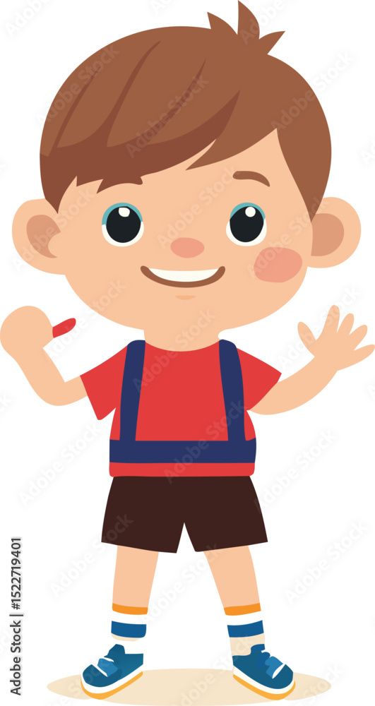 A cheerful cartoon boy with brown hair wearing a red shirt and dark shorts A cheerful cartoon boy with brown hair wearing a red shirt and dark shorts