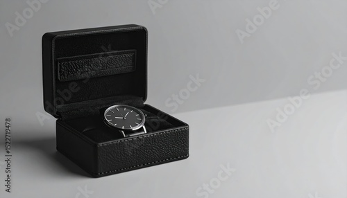 Simple round watch displayed inside a black leather textured open box against a clean gradient gray background