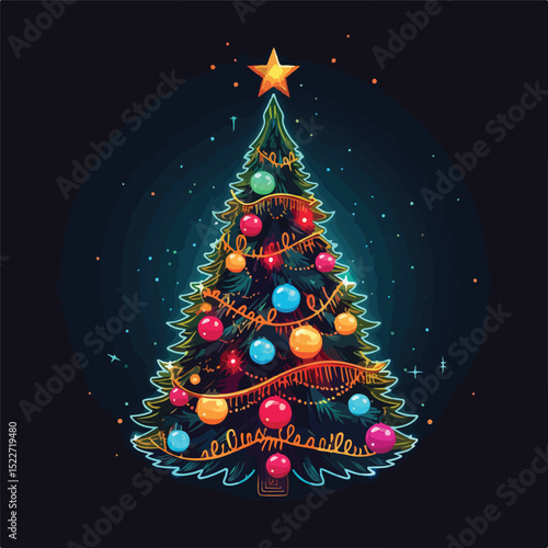 Festive Merry Christmas Card with Neon Lights Vector Illustration for Holidays