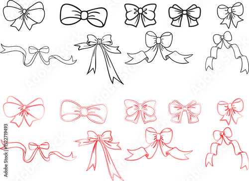 a collection of hand-drawn bow ties, bows, and ribbon illustrations, simple black and white line art with some highlighted in red, various shapes and styles, whimsical, minimalist, digital art
