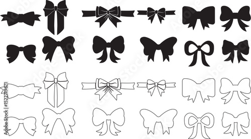 a collage of various bow tie designs, simple black and white silhouette icons, illustrated bow tie shapes, different styles of bow ties
