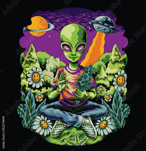 Alien smoking marijuana design  illustration with premium quality vector