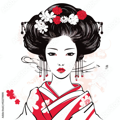 Traditional Japanese Kokeshi Doll and Geisha Decorative Sketch Vector Illustration
