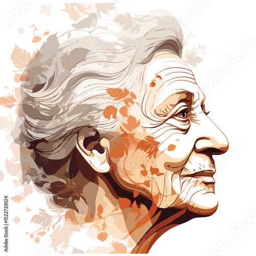 Detailed vector illustration of an elderly woman profile, ideal for healthcare designs and senior living concepts