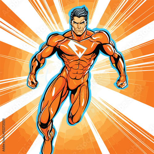 Professional Male Superhero Cartoon Character on Abstract Orange Lines Background