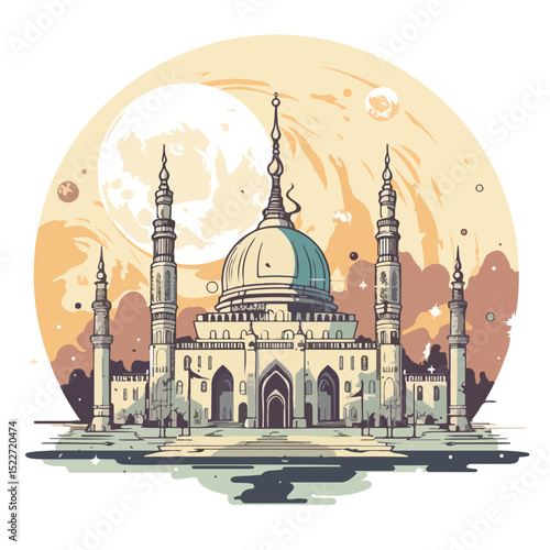 Islamic Holy City of Mecca with Full Moon in the Night Sky - Muslim Culture Vector Illustration