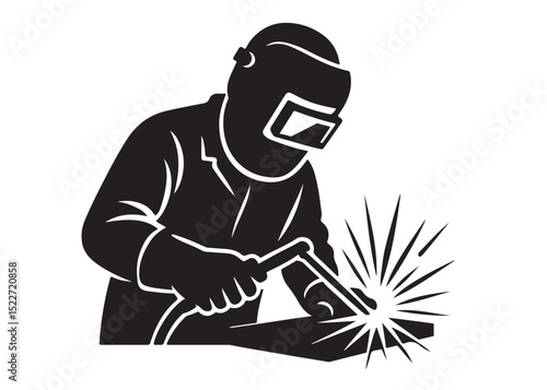 welding logo vector silhouette design, welder logo icon silhouette, vector silhouettes of workers welding metal, fabrication work vector silhouette logo design on white background