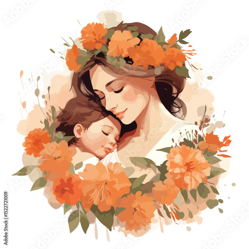 Beautiful Mother Holding Flowers - Loving Female Parent with Rose Bouquet Stock Vector Illustration