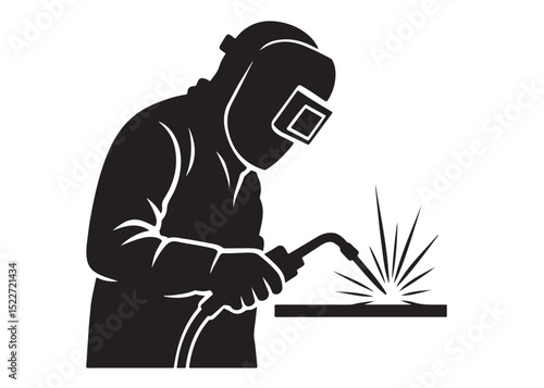 welding logo vector silhouette design, welder logo icon silhouette, vector silhouettes of workers welding metal, fabrication work vector silhouette logo design on white background