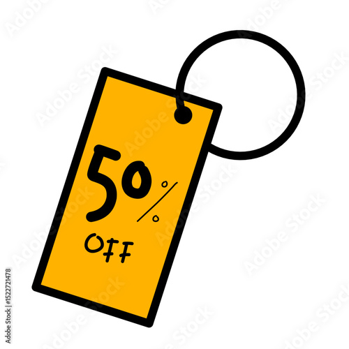 Handwritten sale tag on black background announcing fifty percent discount offer