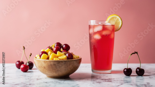 Wallpaper Mural Small bowl of Fruit Cocktail (canned, in own juice) with a Maraschino Cherry Torontodigital.ca