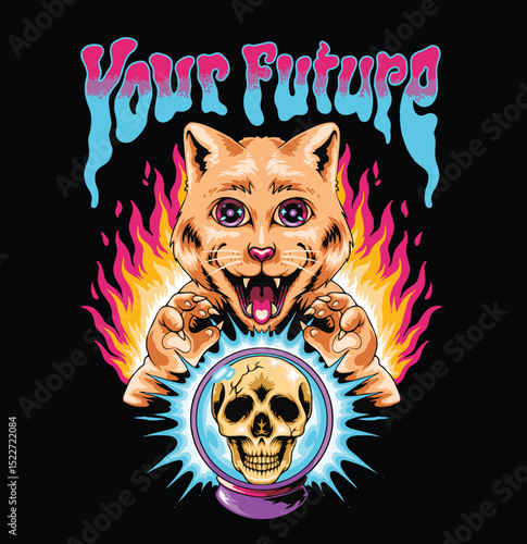 Fortune Teller Cat Predict Future With Magic Crystal Ball Vector Illustration