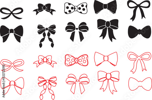 black bow, red bow, bow silhouette, ribbon icon, decorative bow, simple bow tie, classic bow, ornamental bow, minimal bow design, various bow shapes, stylized bow pattern, bow icon collection, bow tie