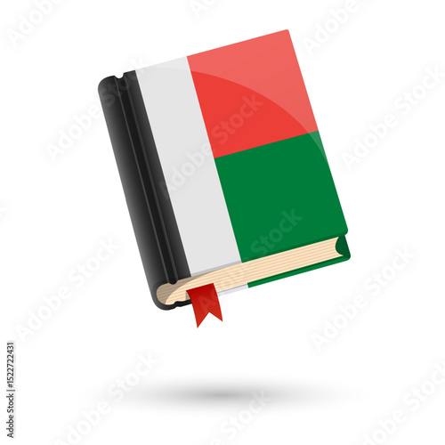 The book is covered in the flag of the Madagascar. Vector illustration of 3D language book on white background.