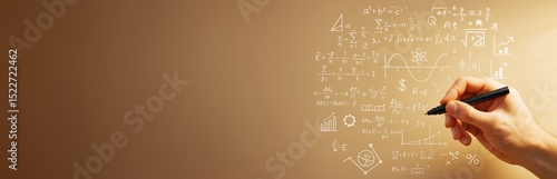 Hand writing scientific formulas on abstract gradient background with math symbols and diagrams for science banner or educational template concept.