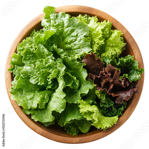 Lettuce leaves in wood bowl isolated on transparent png