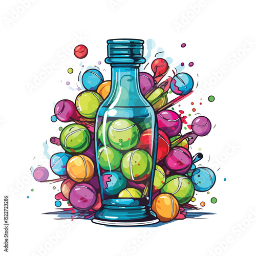 Professional Vector Illustration of Tennis Racket and Balls in Bottle for Sports Marketing Campaigns