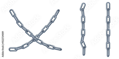 3d metal crossed chain isolated. Vector silver steel locked icon. Security padlock realistic render. Abstract safety connected rings, long strong heavy border. Closed path, protected cargo package