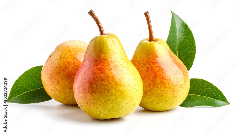 Ripe pears with green leaves on white. Ripe pears with green leaves on white.