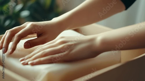 Wallpaper Mural Hands of a young woman with long nails gently pressing down on a wrapped package inside a wooden box. Soft lighting creates a warm atmosphere. Torontodigital.ca