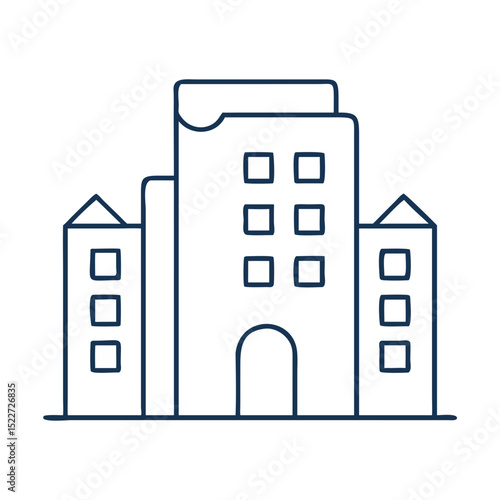 Apartment building illustration for housewarming announcement. New apartment complex with modern design and three buildings.
