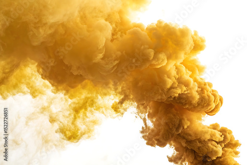 Dramatic rising cloud of vibrant yellow smoke against a clean white background
