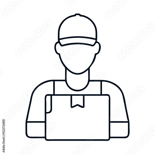 Delivery man holding cardboard box.  Courier service employee in uniform with package.  This image is perfect for housewarming or moving announcements, website banners, and app icons.