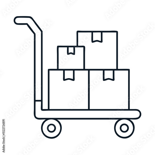 Moving boxes on hand truck.  Cart with packaged items for relocation, home moving, and new house. Dolly with cardboard boxes perfect for housewarming announcement or relocation services advertisement.