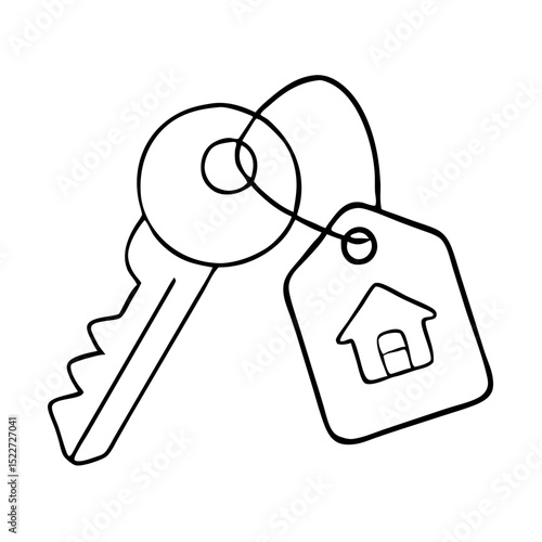 House key keychain with home tag. New home key with house symbol on tag. Perfect keychain for housewarming or new home gift. Ideal house key design for real estate agents or moving companies.