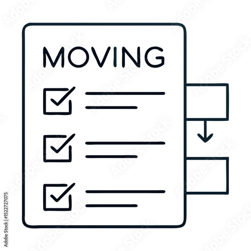 Moving checklist for relocation and housewarming. Simple moving checklist with checked boxes and down arrow.  Moving checklist for successful home relocation and new housewarming party planning.