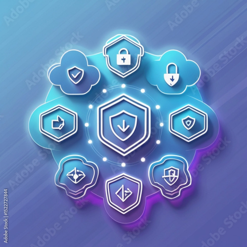 Security cloud network featuring shields locks and directional arrows in a circular arrangement created with generated ai