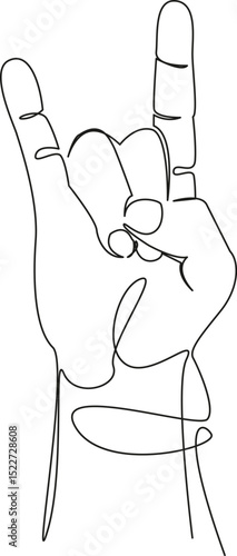 One continuous single drawing line art flat doodle teenage, hand, finger, metal, heavy, music, showing, rock. Isolated image hand draw contour on a white background, hand drawn, not AI