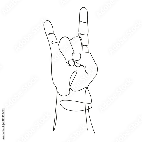 One continuous single drawing line art flat doodle teenage, hand, finger, metal, heavy, music, showing, rock. Isolated image hand draw contour on a white background, hand drawn, not AI