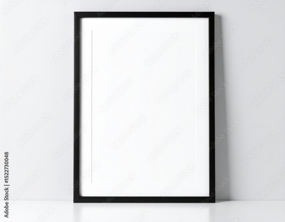 Minimalist black frame with white mat on a white surface against a white wall Minimalist black frame with white mat on a white surface against a white wall