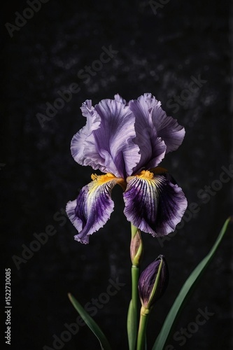 Vibrant purple iris blooms against a dark backdrop showcasing its delicate beauty and intricate details in a serene moment of nature