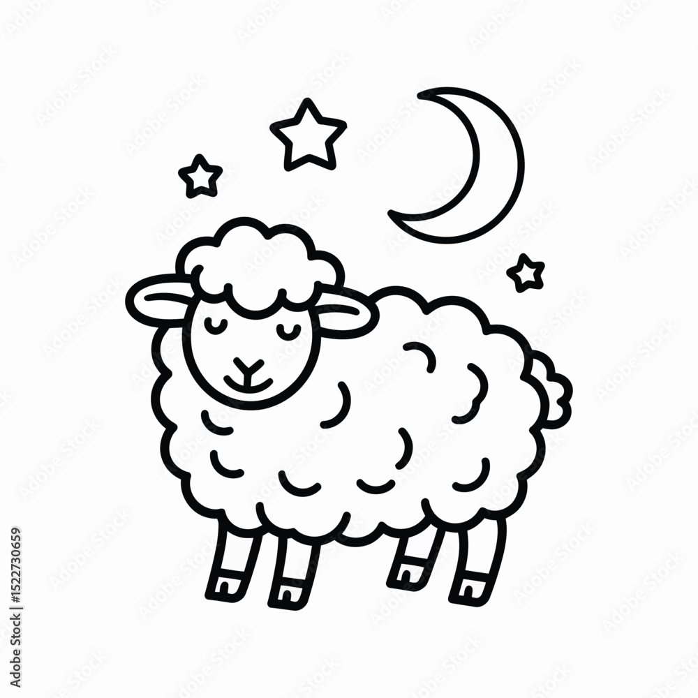 Adorable cartoon sheep gazing peacefully at the crescent moon and twinkling stars a whimsical illustration for children's books or bedtime themes Adorable cartoon sheep gazing peacefully at the crescent moon and twinkling stars a whimsical illustration for children's books or bedtime themes