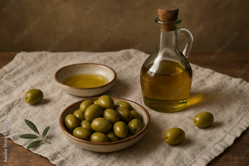 Green olives in a bowl, a glass bottle of olive oil, and a small dish of oil on a rustic cloth with a natural background. Green olives in a bowl, a glass bottle of olive oil, and a small dish of oil on a rustic cloth with a natural background.