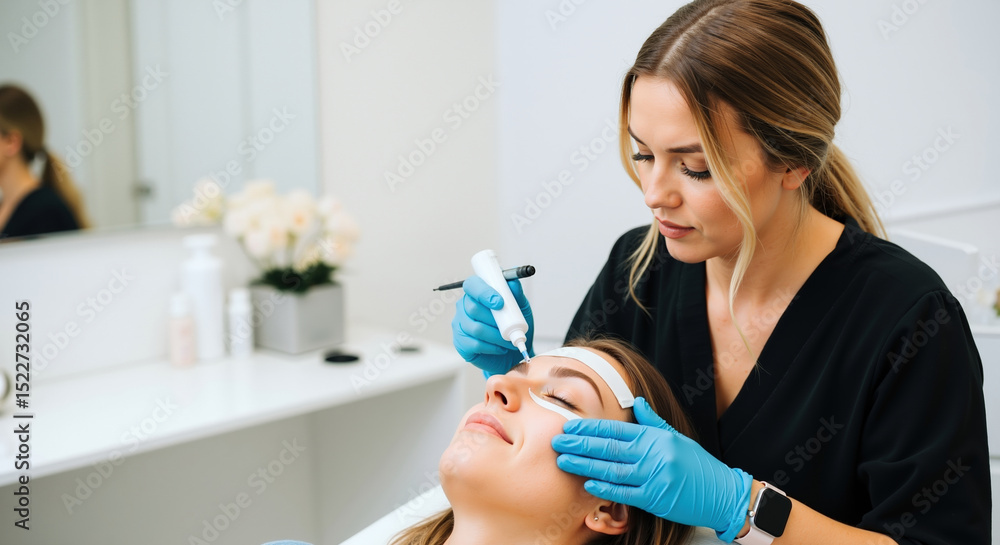 Professional beautician performing eyebrow microblading with needle tool on woman face in beauty salon. Specialist creating precise brow strokes with advanced equipment. Beauty enhancement. treatment Professional beautician performing eyebrow microblading with needle tool on woman face in beauty salon. Specialist creating precise brow strokes with advanced equipment. Beauty enhancement. treatment