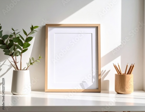Minimalist Desk Decor Wooden Frame Greenery and Pencils in Bright Sunlight