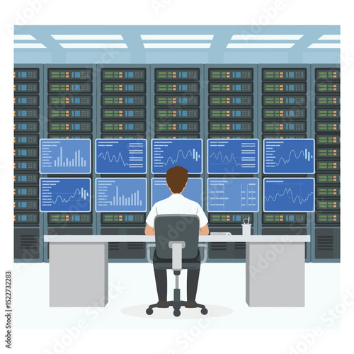 Data center administrator at workstation observing server data on multiple computer screens vector illustration depicting network monitoring and modern data management technology.