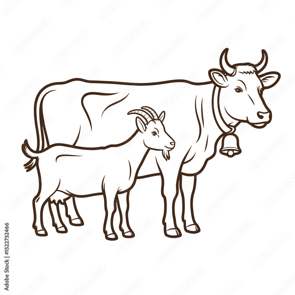 Black and white line art depicting a cow and a goat representing farm animals and rural life in a simple and elegant illustration Black and white line art depicting a cow and a goat representing farm animals and rural life in a simple and elegant illustration