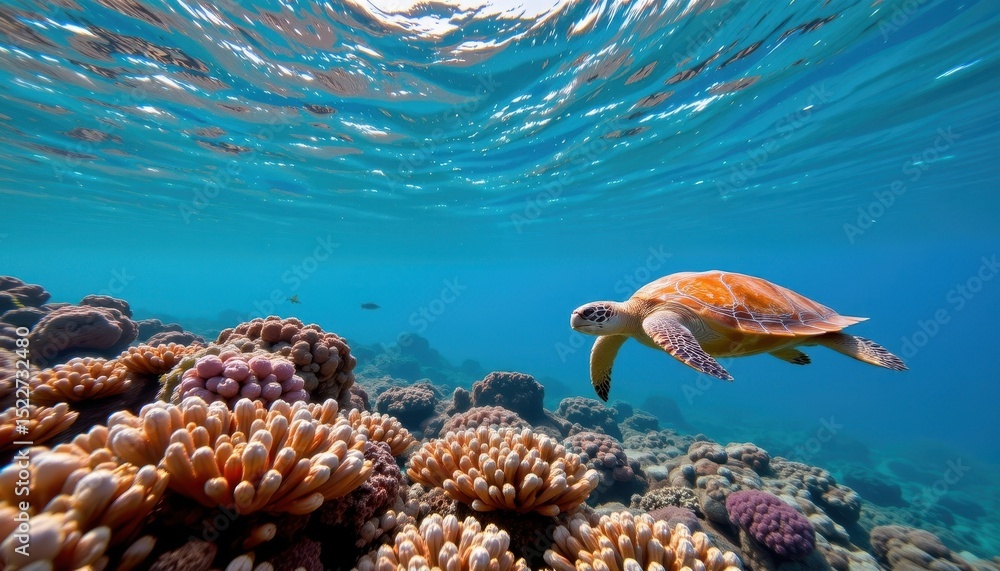 Fototapeta premium colorful green turtle swimming through a coral reef in the ocean with a bright blue sky