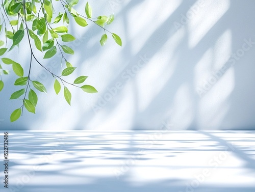 Abstract Green Leaves Silhouette and Shadow Play on White Wall