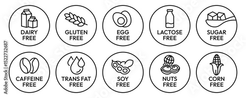 Set allergen free icons. Allergen free label products. Free lactose, gluten, sugar, corn, egg, trans fat, dairy, soy, nuts, caffeine, symbol, logo, badge, black, vector, isolated on white background.