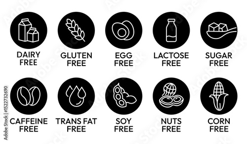 Set allergen free icons. Allergen free label products. Free lactose, gluten, sugar, corn, egg, trans fat, dairy, soy, nuts, caffeine, symbol, logo, badge, black, vector, isolated on white background.